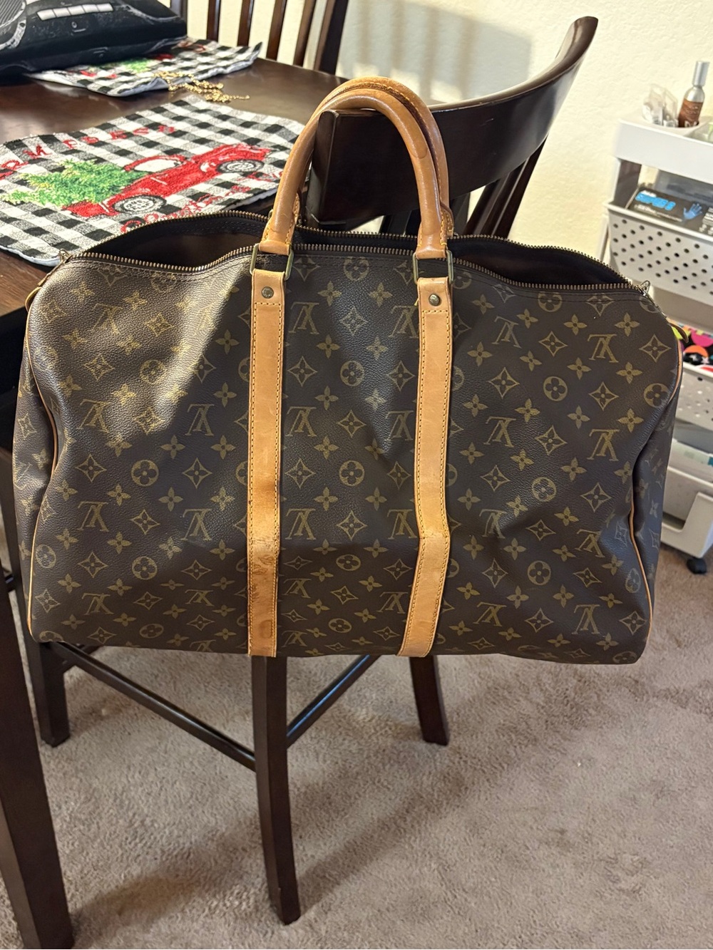 Brown Monogram Travel Duffel Bag with Tan Leather Trim